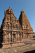 The great Chola temples of Tamil Nadu - The Brihadishwara Temple of Thanjavur. The tower with the auxiliary Subrahmanya shrine in the foreground. 